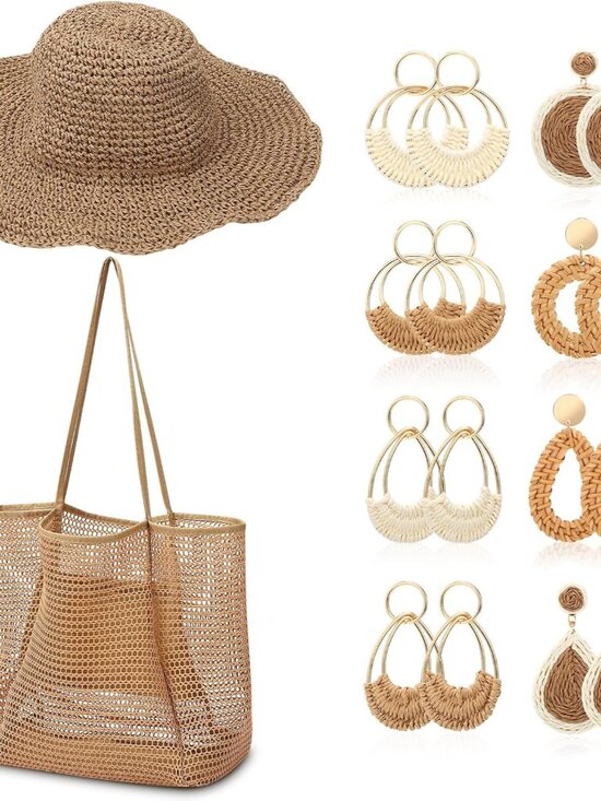 Jewelry - 10 Pcs Mesh Beach Tote Bags and Straw Hat Set, Foldable Straw Hat Mesh Tote Bag